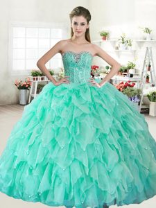 Customized Apple Green Ball Gowns Beading 15th Birthday Dress Lace Up Organza Sleeveless Floor Length