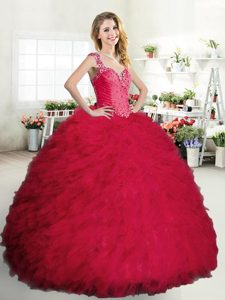 Suitable Floor Length Coral Red 15th Birthday Dress Straps Sleeveless Zipper