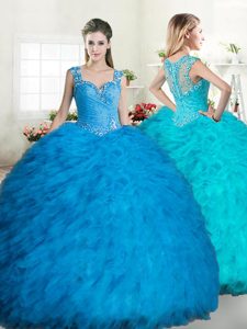 Straps Straps Floor Length Ball Gowns Sleeveless Blue Sweet 16 Dress Zipper