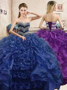 Modest Sweetheart Sleeveless Organza Ball Gown Prom Dress Beading and Ruffles Lace Up