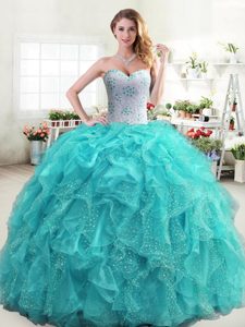 Stunning Sweetheart Sleeveless Lace Up Dama Dress Aqua Blue Organza