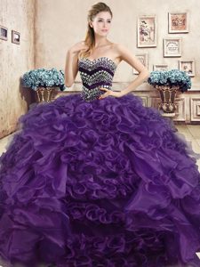 Unique Sweetheart Sleeveless Sweet 16 Dresses Floor Length Beading and Ruffles Purple Organza