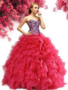 Red Organza Lace Up Quinceanera Gown Sleeveless Floor Length Beading and Ruffles