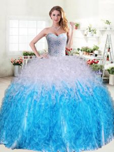 Modest Blue And White Sweetheart Neckline Beading and Ruffles Sweet 16 Quinceanera Dress Sleeveless Lace Up