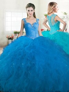 Blue Ball Gowns Straps Sleeveless Tulle Floor Length Zipper Beading and Ruffles Ball Gown Prom Dress