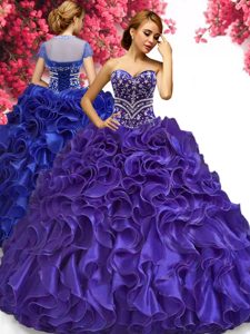 Purple Ball Gowns Beading and Ruffles Quinceanera Dama Dress Lace Up Organza Sleeveless Floor Length