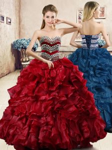 Fantastic Wine Red Sleeveless Organza Lace Up Quinceanera Dresses for Military Ball and Sweet 16 and Quinceanera