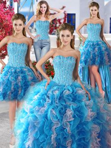 Noble Four Piece White and Baby Blue Ball Gowns Beading 15th Birthday Dress Lace Up Organza Sleeveless Floor Length