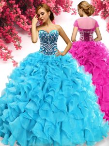 Fashionable Floor Length Aqua Blue Quince Ball Gowns Organza Sleeveless Beading and Ruffles