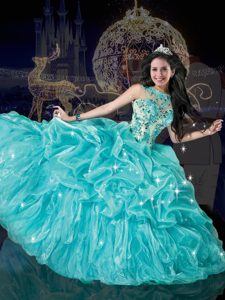 Aqua Blue Bateau Neckline Beading and Appliques and Pick Ups 15th Birthday Dress Sleeveless Lace Up