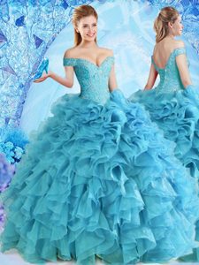 Off the Shoulder Floor Length Ball Gowns Sleeveless Baby Blue Quinceanera Gown Lace Up