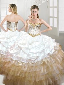 Adorable Sleeveless Organza and Taffeta Floor Length Lace Up Quince Ball Gowns in Multi-color for with Beading and Pick Ups