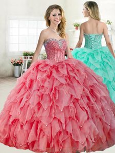 Extravagant Beading Sweet 16 Dresses Watermelon Red and Coral Red Lace Up Sleeveless Floor Length