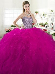 Hot Sale Floor Length Lace Up 15 Quinceanera Dress Fuchsia and In for Military Ball and Sweet 16 and Quinceanera with Beading and Ruffles