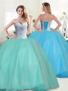 Four Piece Scoop Teal Cap Sleeves Beading and Ruffles Floor Length Sweet 16 Dresses