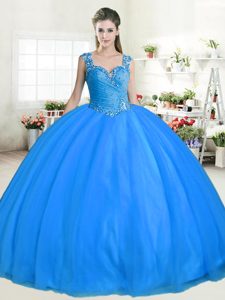 Straps Straps Floor Length Zipper Sweet 16 Quinceanera Dress Blue and In for Military Ball and Sweet 16 and Quinceanera with Beading