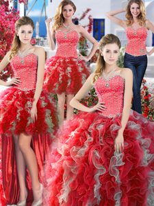 Glamorous Four Piece Organza Sweetheart Sleeveless Lace Up Beading 15 Quinceanera Dress in White And Red