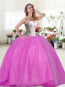 Chic Floor Length Lace Up 15th Birthday Dress Lilac and In for Military Ball and Sweet 16 and Quinceanera with Beading