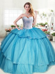 Beauteous Aqua Blue Ball Gowns Beading and Ruffled Layers Quinceanera Gown Lace Up Tulle Sleeveless Floor Length