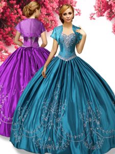 Latest Teal Taffeta Lace Up Sweetheart Sleeveless Floor Length Quinceanera Gown Beading and Embroidery