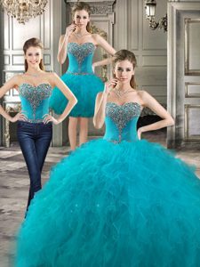 Fabulous Three Piece Tulle Sleeveless Floor Length Quince Ball Gowns and Ruffles