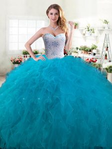 Fabulous Teal Sleeveless Beading and Ruffles Floor Length Sweet 16 Quinceanera Dress