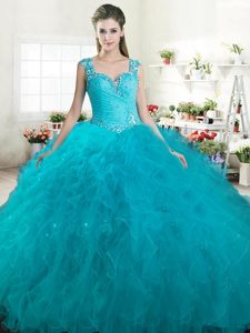 Flirting Teal Ball Gowns Tulle Straps Sleeveless Beading and Ruffles Floor Length Zipper Sweet 16 Dresses