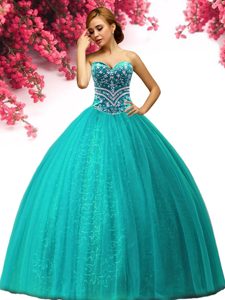 Sweetheart Sleeveless Lace Up Quinceanera Gowns Turquoise Tulle