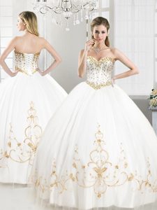 Fantastic Sleeveless Floor Length Beading and Appliques Lace Up Sweet 16 Dresses with White