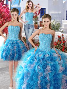 Glorious Three Piece White and Baby Blue Lace Up Sweetheart Beading Sweet 16 Dresses Organza Sleeveless