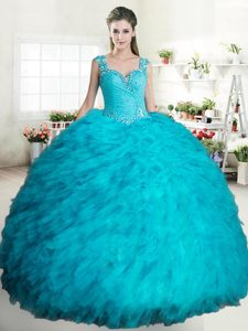 Floor Length Aqua Blue Sweet 16 Quinceanera Dress Straps Sleeveless Zipper