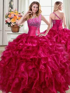 Custom Made One Shoulder Sleeveless Floor Length Beading and Ruffles Lace Up Ball Gown Prom Dress with Fuchsia