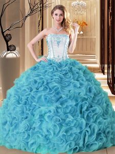 Elegant Aqua Blue Lace Up 15 Quinceanera Dress Embroidery and Ruffles Sleeveless Floor Length