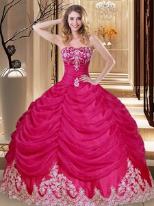 Charming Hot Pink Ball Gowns Appliques and Embroidery and Pick Ups Quince Ball Gowns Lace Up Tulle Sleeveless Floor Length