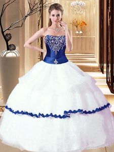 Colorful Sleeveless Floor Length Beading and Ruffled Layers Lace Up 15 Quinceanera Dress with White and Royal Blue