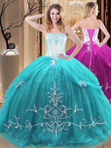 Aqua Blue Sleeveless Tulle Lace Up Quince Ball Gowns for Military Ball and Sweet 16 and Quinceanera