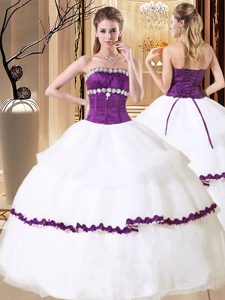 Attractive White Sweet 16 Quinceanera Dress Military Ball and Sweet 16 and Quinceanera and Beach and For with Beading and Embroidery and Ruffled Layers Strapless Sleeveless Lace Up