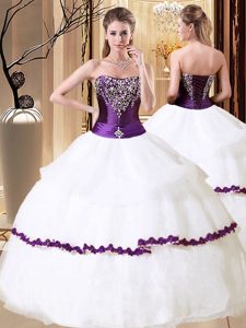 Clearance White Organza Lace Up Quince Ball Gowns Sleeveless Floor Length Beading